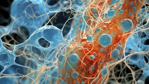 Closeup image of protein cell interaction. Colors are blue and orange.