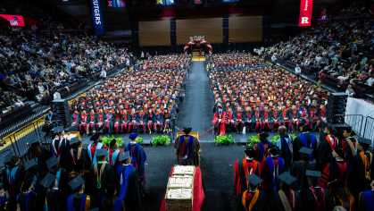 View from above of graduating students seated in Jersey Mike's Arena.