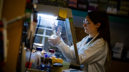 female student with brown hair and glasses, working in a lab under the vented hood.