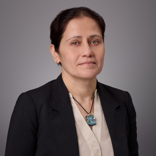 Headshot of female with dark brown hair pulled back wearing a tan blouse, dark suit jacket, and a necklace