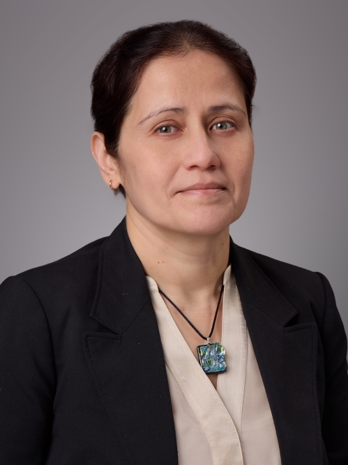Headshot of female with dark brown hair pulled back wearing a tan blouse, dark suit jacket, and a necklace