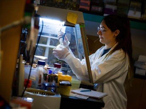 female student with long brown hair pulled into a ponytail wearing goggles and white lab coat working with pipette
