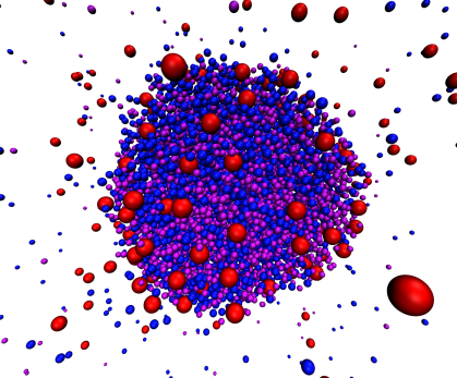 Graphic visual in purple and red depicting multiple proteins or other biomolecules condensing into a liquid droplet. 