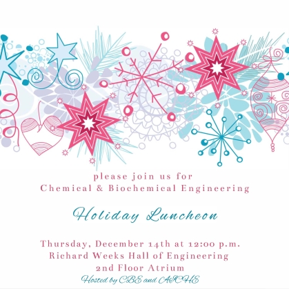 Chemical and biochemical engineering holiday luncheon invitation with snowflakes and stars graphic.